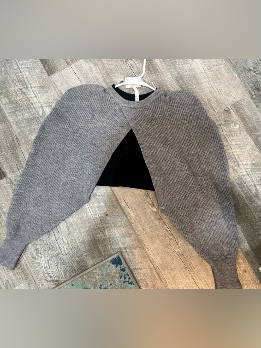 Gray Ribbed Knit V-Neck Sweater with Black Trim